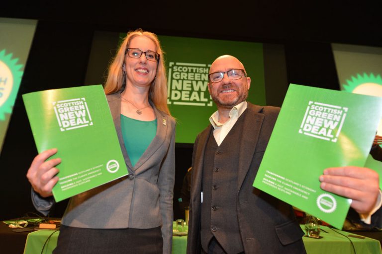 Lorna Slater and Patrick Harvey holding 'Scottish Greens New Deal' document
